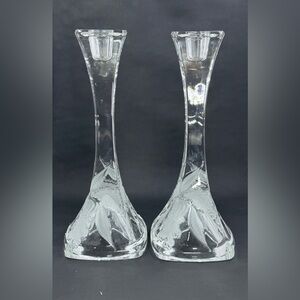 70s Irena Poland 24% Lead Crystal Candlesticks (2) 10” Frosted Orchid Geometric